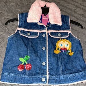Vintage Mini K Girls Sherpa snap button Patchwork  Embroidered denim vest Size 7